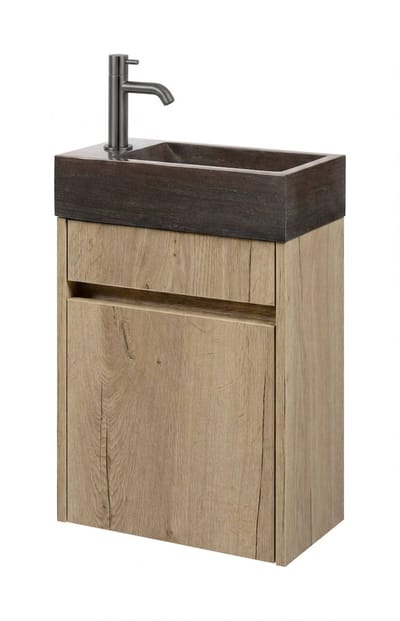 Saqu Florence fonteinmeubel eiken marcato incl. natuurstenen fontein en gunmetal kraan links