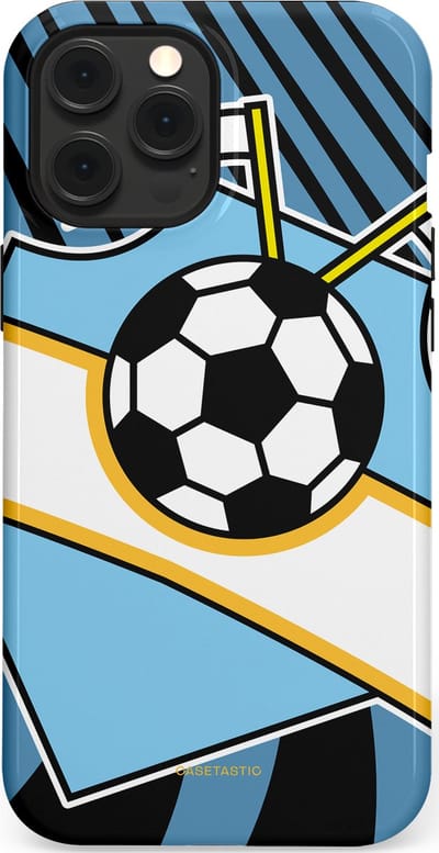 Casetastic hoesje geschikt voor Apple iPhone 12 Pro Max - MagSafe - Dubbellaagse bescherming - Kampioensbal - Fashion Case - Lichtblauw Zwart Wit