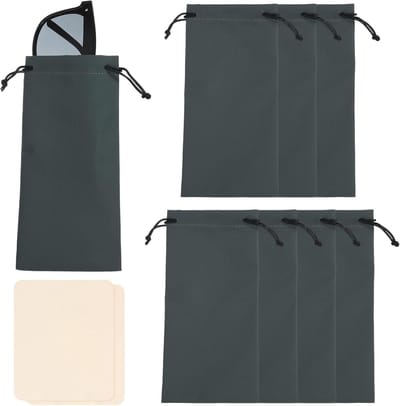 8 Stuks Draagbare Brillenkoker van Polyester, Zonnebrillenetui met Trekkoord, 18 x 8 cm, Donkergrijs, Inclusief 2 Doeken voor Zonnebrillen