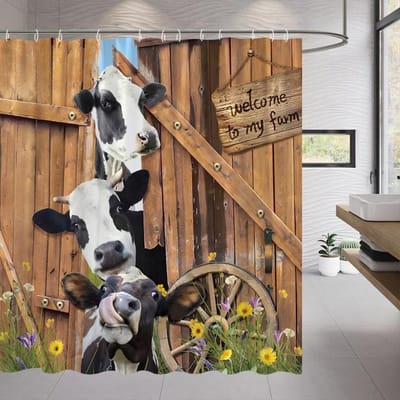 Grappige Boerderij Koe Douchegordijn Rustieke Houten Deur Schotse Hooglandkoe Houten Paneel Lavendelbloem Stof Hangende Gordijnen Badkamer Decor 90x180cm-35x70in black