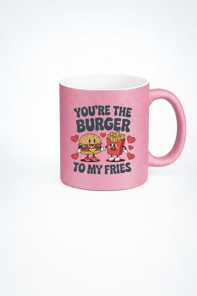 Roze Glitter Mok Burger Friet Liefde Cadeau | 'You're the Burger to My Fries' Beker | Valentijn, Jubileum, Vriendschap