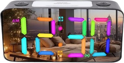 Spiegelwekker met Bedshaker - Dubbel Alarm - Zware Slapers Wakker - RGB Kleuren Display - 7 Inch Scherm - Zwart