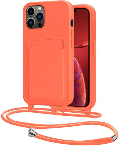 Hoes Geschikt voor iPhone 13 Pro Hoesje Pasjeshouder Cover Met Koord Case Siliconen Hoes Met Telefoonkoord en Kaarthouder - Papaya