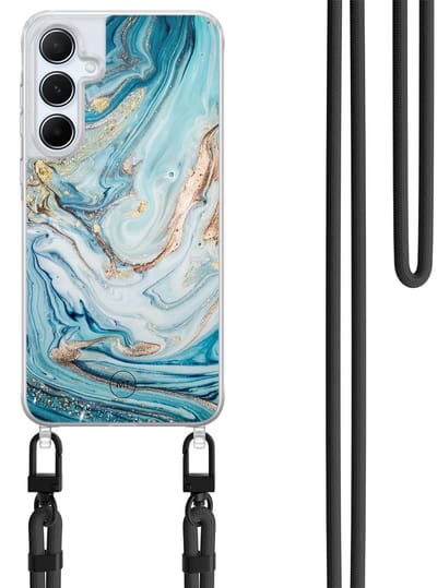 Hoesje met koord geschikt voor Samsung Galaxy A35 5G - Marmer blauw goud - Inclusief Zwart koord - Crossbody beschermhoes - Transparant, Blauw, Goud - Mooie Telefoonhoesjes