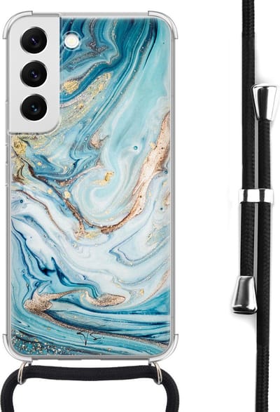 Hoesje met koord geschikt voor Samsung Galaxy S22 - Marmer blauw goud - Inclusief koord - Crossbody beschermhoes - Transparant, Blauw, Goud - Mooie Telefoonhoesjes