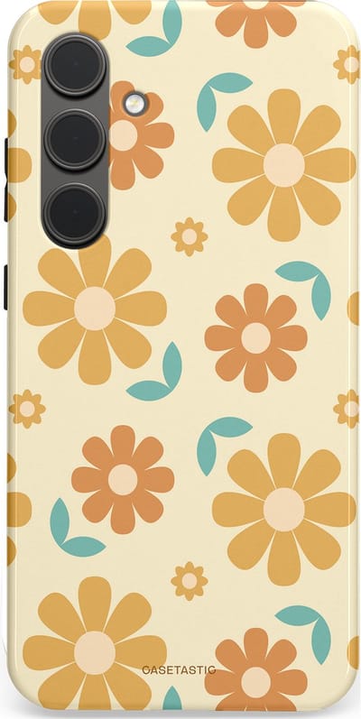 Casetastic hoesje geschikt voor Samsung Galaxy S24 Plus - Dubbellaagse bescherming - Flower power Retro Bloemen - Geel - Oranje - Blauw - Fashion Case - Crème Goud Perzik