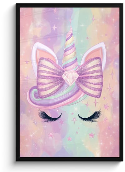 Poster in lijst - Fotolijst 60x90 cm - Posters - Eenhoorn - Glitters - Regenboog - Pastel - Posterlijst zwart - Decoratie - Wanddecoratie woonkamer - Muurdecoratie slaapkamer