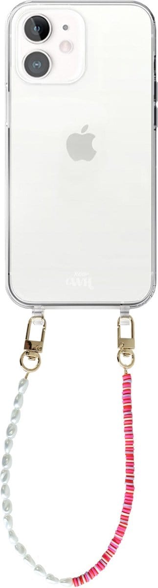 xoxo Wildhearts silicone case met koord - Transparant telefoonhoesje met koord - telefoonketting - Island Girl - short - Cord Case - geschikt voor Apple iPhone 12 - Korte parelketting / kralenketting - Parels - Wit / Roze