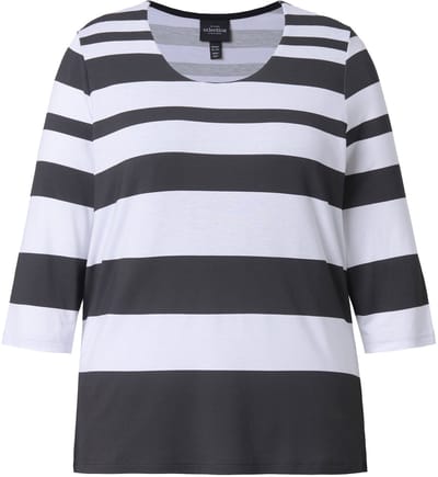 Ulla Popken - Dames - Shirt strepen voorkant dubbel gelaagd ronde hals - Zwart - Maat 42+