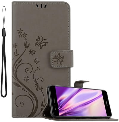Cadorabo Hoesje geschikt voor Huawei P10 LITE in BLOEMEN GRIJS - Beschermhoes in bloemmotief met magnetische sluiting, standfunctie en kaartsleuven Book Case Cover Etui