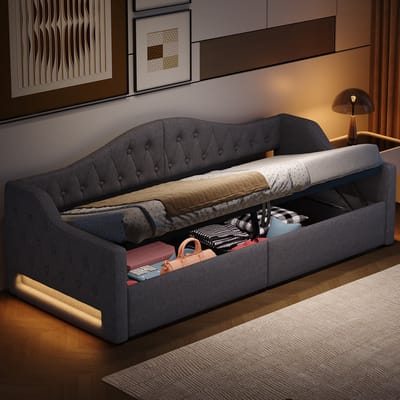 MODENUIT Gestoffeerd dagbed 90x200 cm – Ledverlichting met 7 kleuren – Opbergruimte onder bed – Zonder matras – Grijs