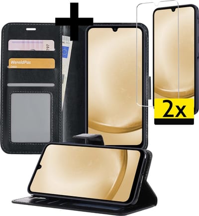 Hoesje - Met 2x Screenprotector - Geschikt voor Samsung Galaxy A25 - Luxe Pasjeshouder - Bookcase Portemonee - Flip Case - Kunstleer Book Case - Flipcase Hoes - Book Cover - Walletcase - Portemonneehoes - Telefoonhoesjes - Zwart