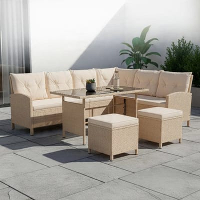 Gartenmöbel Set 7-Sitzer Polyrattan Ecksofa Lounge 250 x 200 cm mit Esstisch (116 x 66 x 66 cm), 2 Hocker & Kissen, wetterfest, waschbare Bezüge – Urbanhome