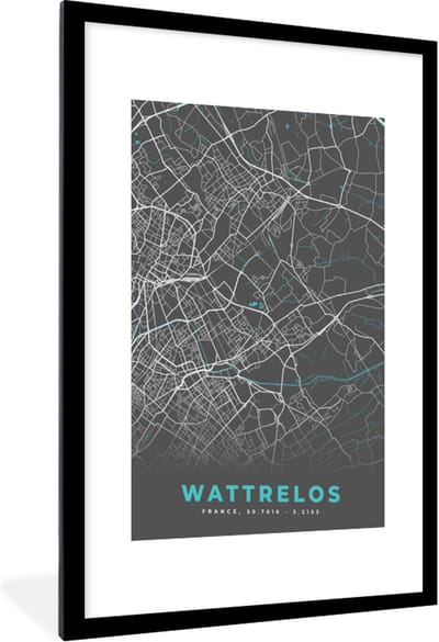 Fotolijst incl. Poster - Wattrelos - Frankrijk - Plattegrond - Kaart - Stadskaart - 60x90 cm - Posterlijst
