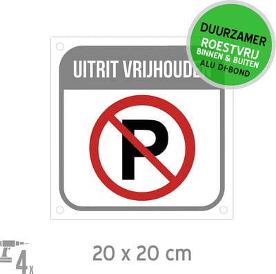 Pictogram/ bord Dibond + boorgaten | "Uitrit vrijhouden" | 20 x 20 cm | Wit/ grijs | Sterk materiaal | Hier niet parkeren | Inrit | Parkeerverbod | Overlast | Weerbestendig | 1 stuk