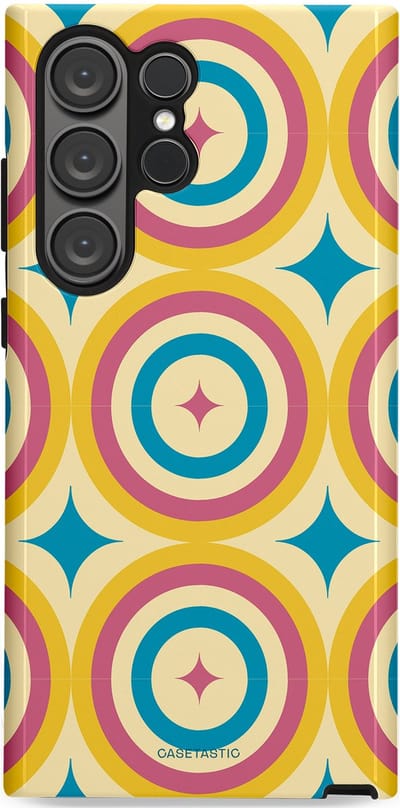 Casetastic hoesje geschikt voor Samsung Galaxy S23 Ultra - Dubbellaagse bescherming - Swinging Retro Boogie Circles - Fashion Case - Crème Goud Lichtblauw Koraal