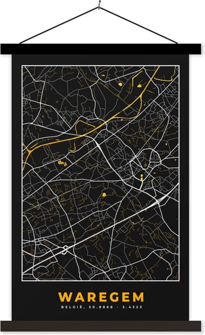 Posterhanger incl. Poster 40x60 cm - Schoolplaat - Goud - Kaart - Plattegrond - Waregem - Stadskaart - Textielposter - Zwarte latten - Stadskaart