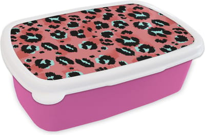 Broodtrommel Roze - Lunchbox Panterprint - Roze - Blauw - Patroon - Brooddoos 18x12x6 cm - Brood lunch box - Broodtrommels voor kinderen en volwassenen
