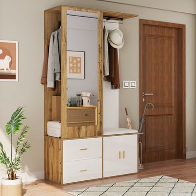 STILVORA Garderobekast - Garderobeset Met Spiegel En Schoenbank - Uitrekbare Kleerhanger - Spaanplaat - 100x38x180 cm - Wit+Notenbruin