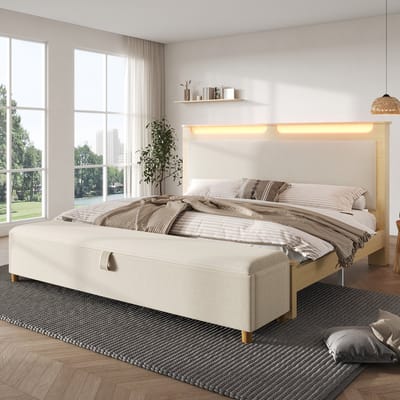 MODFU – Tweepersoonsbed met Opbergbank – 160x200 cm – LED met Afstandsbediening – Cordstof – Modern – Beige & Eiken