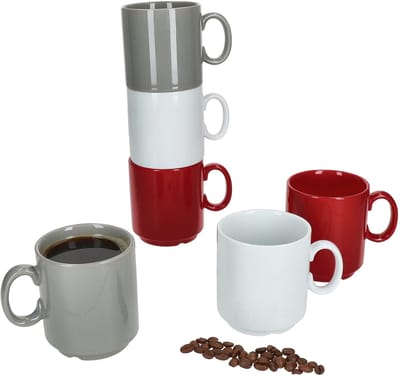 Set van 6 EVENT stapelbare koffiemokken TRIO wit grijs rood porselein 250 ml