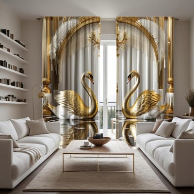 Rideau cygne col long jaune numérique HD en 2 pièces Décoration de style décoration maison salon chambre à coucher effet rideau passe-tringle W52H63inchW132H160cm white