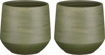 Mica Decorations - Plantenpot/bloempot - 2x stuks - terracotta - donkergroen relief - D19/H18 cm