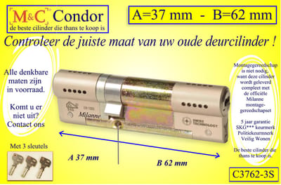 M&C Condor - High Security deurcilinder - SKG*** - 37x62 mm - Politiekeurmerk Veilig Wonen  -  inclusief gereedschap montageset