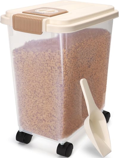 Nobleza Voercontainer - 20L - 7.5KG - Voedselcontainer hond - Opslagcontainer met datumregistratie - Zwenkwielen - Transparant