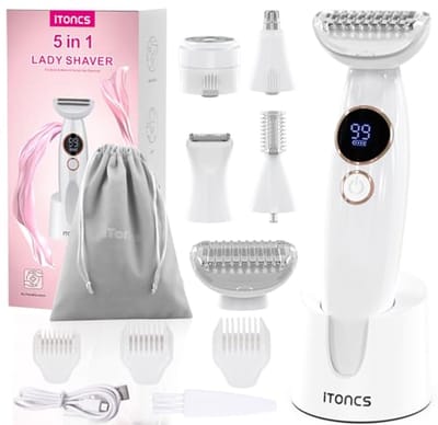 5-in-1 elektrisch damesrasoir - Pijnloos nat/droog scheren voor bikinilijn, oksels en benen - IPX7 waterproof