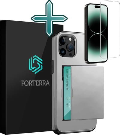 Hoesje Geschikt voor iPhone 14 Pro Pashouder Hard Case Hoes Met Screenprotector - Hoes Geschikt voor iPhone 14 Pro Hoesje Back Cover Met Pasjeshouder - Grijs
