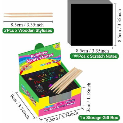 Lot de 100 feuilles de papier à gratter Art Scratch Off Arc-en-ciel Magique avec 2 Stylets en Bambou Notes à Gratter Noires Carte Cadeau Noël Anniversaire