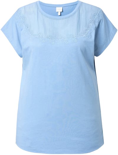 Ulla Popken - Dames - T-shirt gehaakt inzetstuk ronde hals korte mouwen - Vorstblauw - Maat 54+