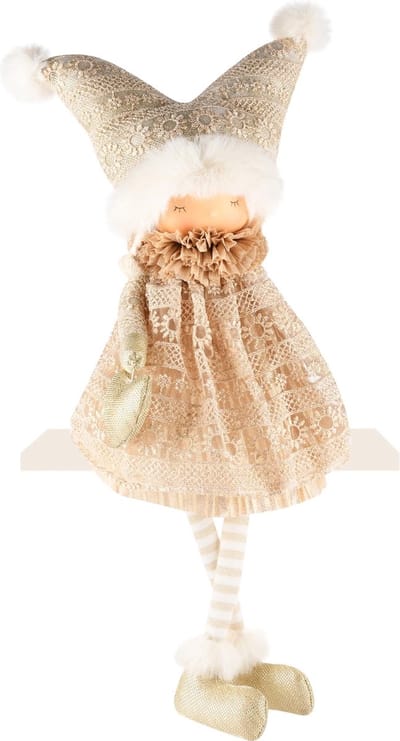 Dekoratief | Winterpop zittend m/hartje, beige, stof, 25x19x53cm | A245627