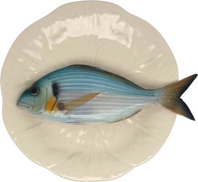Orata op een crème/wit bladvormig bord, 21cm
