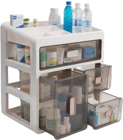 Dailygoods- Opbergdoos Draagbaar - Medicijnbox met 4 Laden - Huisapotheekdoos - Transparant - Kunststof - 28 x 20 x 32 cm