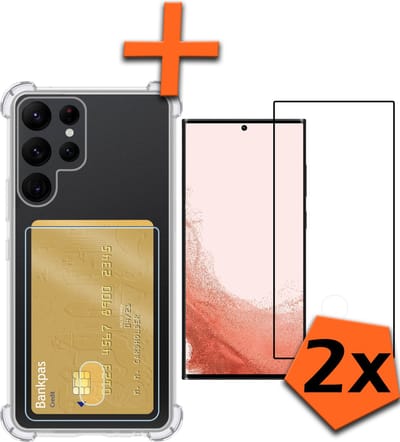 Hoes - Geschikt voor Samsung Galaxy S22 Ultra - Met 2x Screenprotector - Pashouder - Kaarthouder - Telefoon Hoesje Shockproof - Siliconen Case - Back Cover - Shock Proof - Pasjes Houder - Transparant