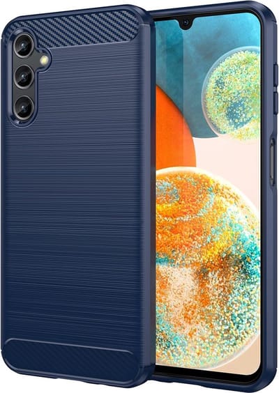 MobyDefend Hoesje - Geschikt voor Samsung Galaxy A14 - TPU Backcover - Geborstelde Metaal & Carbon-Look - Blauw