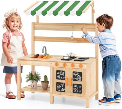KOMFOTTEU Houten Modderkeuken - buitenkeuken - met zonnedak - kinderkeuken outdoor - met 4 kookplaten, gootsteen, kraan, zwarte borden en accessoires - buiten speelkeuken - voor kinderen vanaf 3 jaar