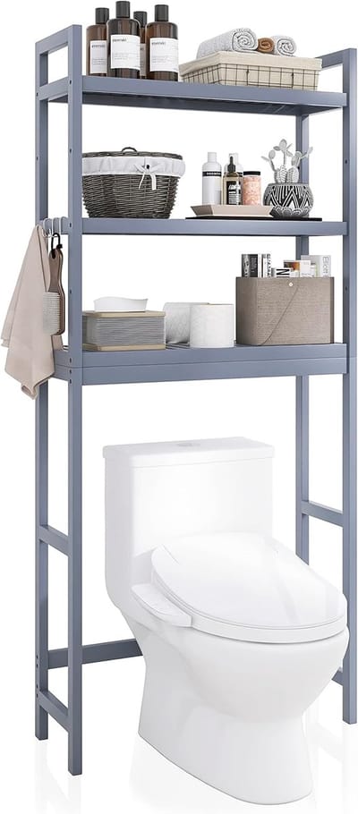 Badkamer opbergplank, bamboe over-het-toilet organizerrek, vrijstaand toilet ruimtebesparend met 3-laags verstelbare planken (grijs)