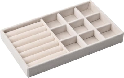 Grote opbergtray voor sieraden met 9 vakken, stapelbaar en van luxe velvet, ideaal voor ringen, oorbellen en armbanden, 21 x 12,2 x 2,5 cm