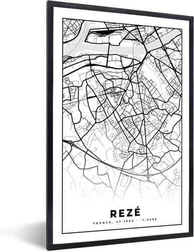 Fotolijst incl. Poster Zwart Wit- Rezé - Stadskaart - Plattegrond - Kaart - Frankrijk - Zwart wit - 40x60 cm - Posterlijst