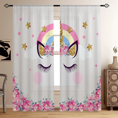 2 Panelen Regenboog Paard Eenhoorn Lichtfilterende Gordijnen Kinderkamer Gordijnen Jongens Meisjes Slaapkamer Woonkamer Decoratieve Gordijnen W60H60(CM)x2pcs&Rod Pocket white