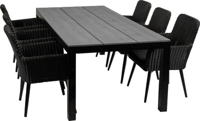 7-delige tuinset | 6 Pisa stoelen (Black) | 225cm Cyprus tuintafel (Grey)