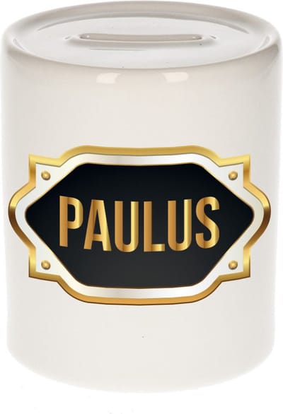 Spaarpot met voornaam Paulus - wit - met goud/zwart embleem - 8 x 9 cm - keramiek - met afsluitdop - cadeau verjaardag