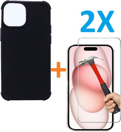 Shock-proof silicone hoesje met 2 Pack Tempered glas Screen Protector - zwart - Geschikt voor: iPhone 15