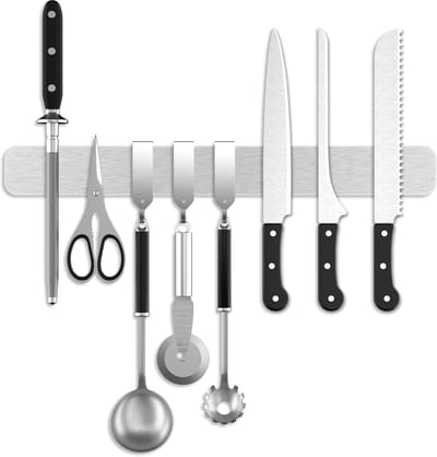 Famanu - Magnetische messenstrip van roestvrij staal 40 cm, zelfklevend, met haken, stijlvolle organizer voor keukenmessen en keukengerei