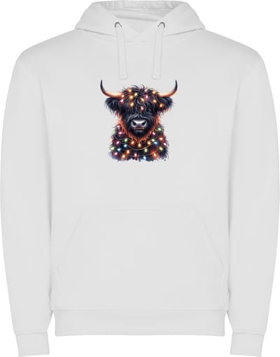 Witte unisex hoodie met “Hooglander in Kerstsfeer“ Print Full Color merk Roly maat S