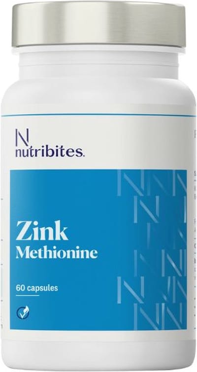 Nutribites Zink - 15 mg Zinkmethionine - Goed Opneembaar en Kopervrij - 60 Capsules - Vegan