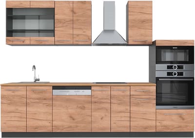 Vicco Fame-Line Complete keukeneenheid – 300 cm met hoge kast, WB Eik Eik goud/antraciet
